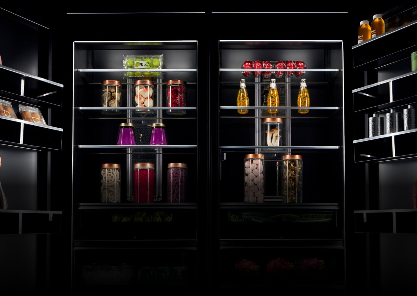 An open pair of columns stocked with colorful foods and ingredients.